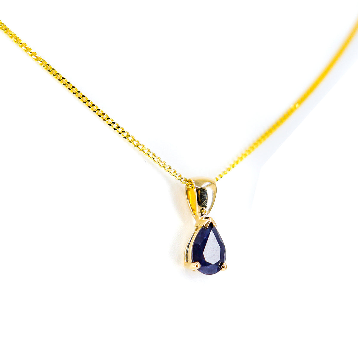 9ct Gold Sapphire Claw Set Tear Drop Pendant & 18" Chain