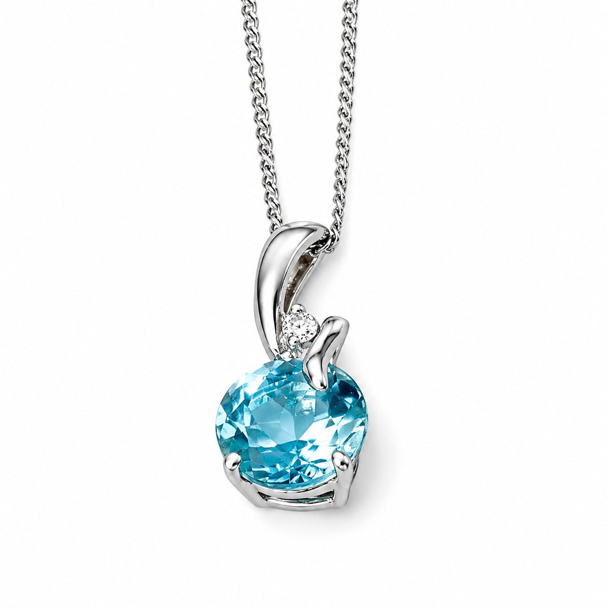 9ct White Gold Swiss Blue Topaz (Approx. 5mm) and Diamond Pendant with Swirl Top Pendant Loop