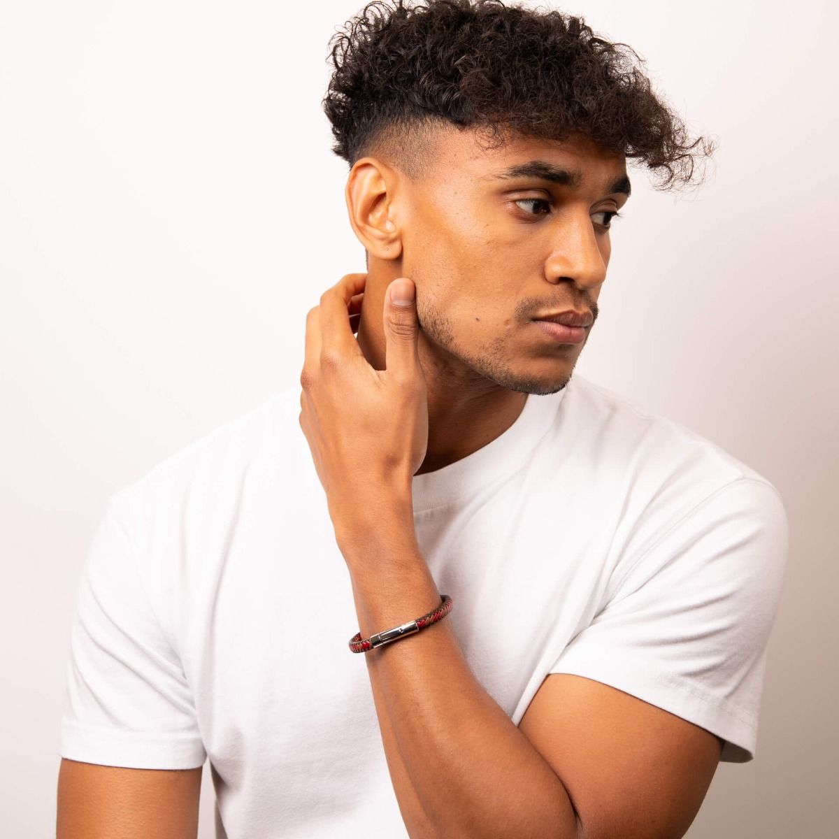 Fred Bennet Stainless Steel Red Leather Bracelet