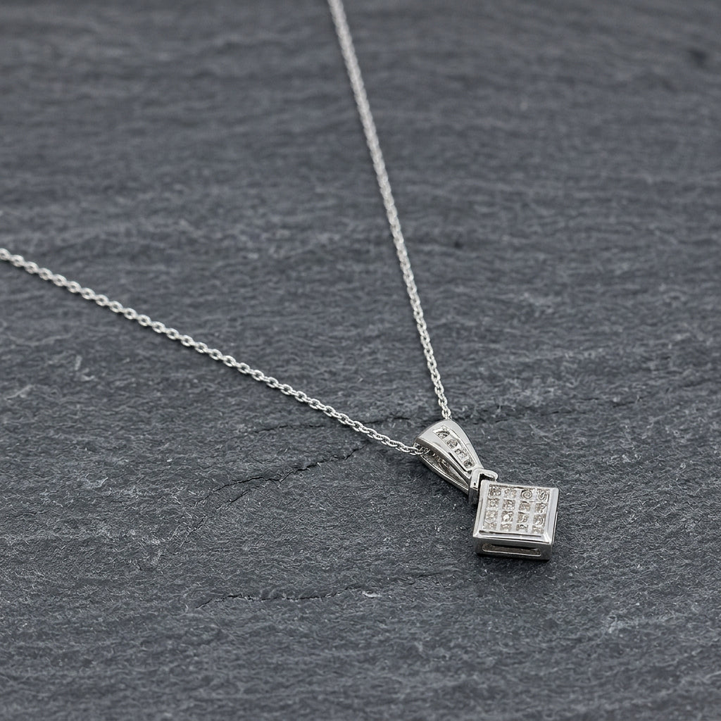 Pre-Owned 9ct White Gold Diamond Box Set Square Pendant with Channel Set Bail on 18" Trace Chain