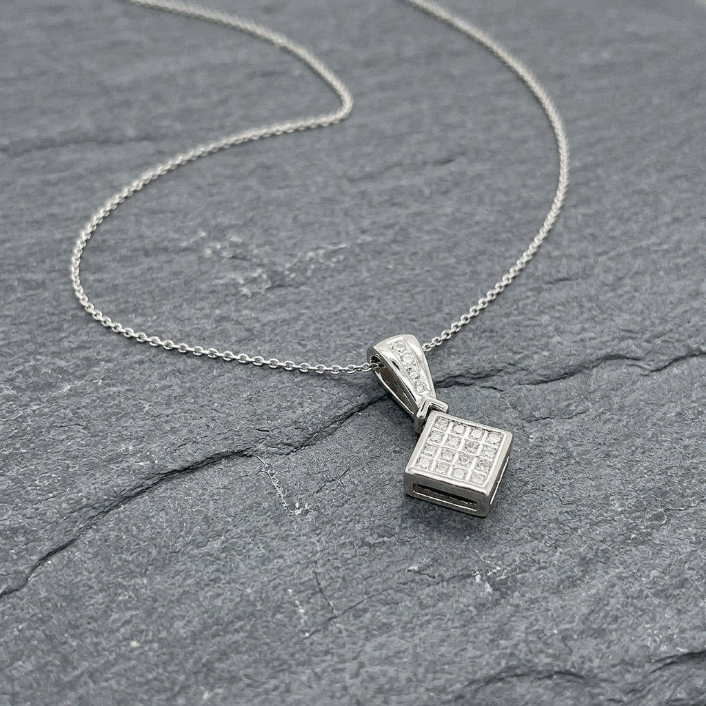 Pre-Owned 9ct White Gold Diamond Box Set Square Pendant with Channel Set Bail on 18" Trace Chain