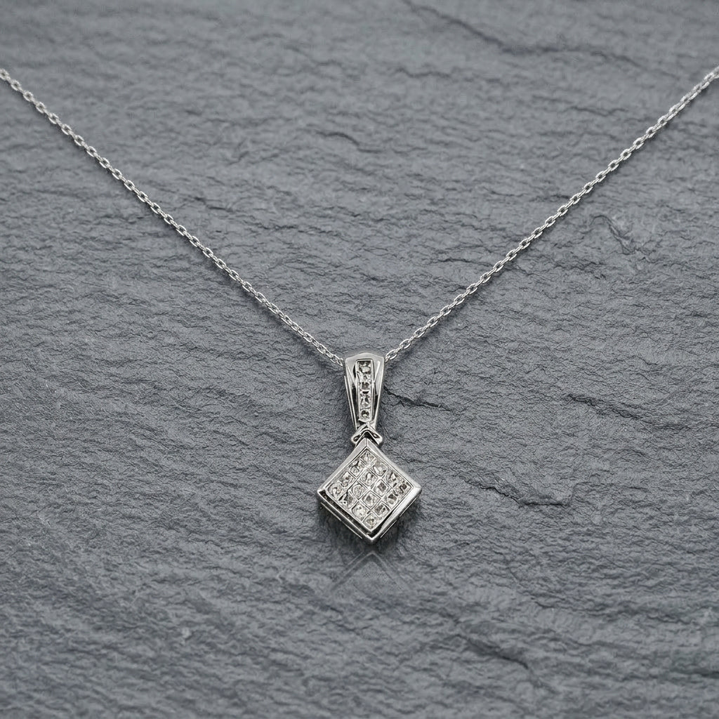 Pre-Owned 9ct White Gold Diamond Box Set Square Pendant with Channel Set Bail on 18" Trace Chain