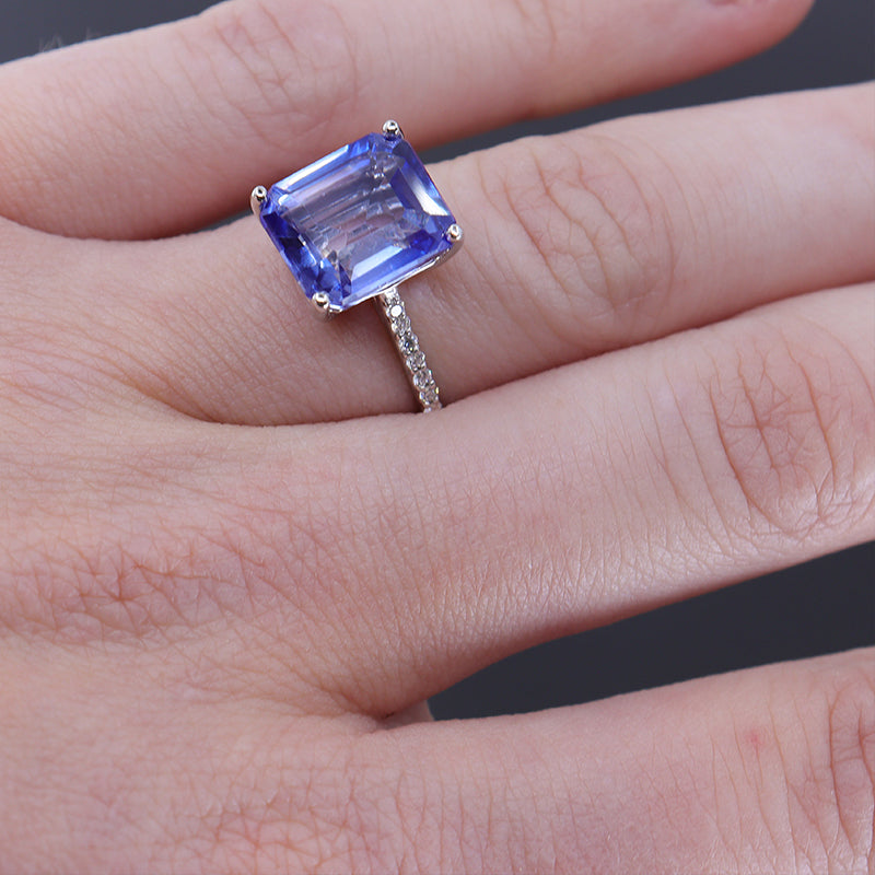 Pre-Owned 18ct White Gold Emerald Cut Sapphire & Diamond Ring