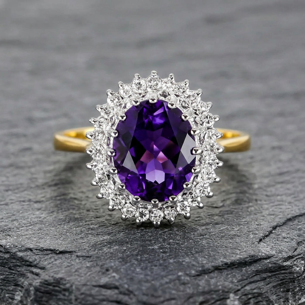 Pre-Owned 18ct Gold Oval Amethyst & Round Brilliant Cut Diamond Claw Set Cluster Ring