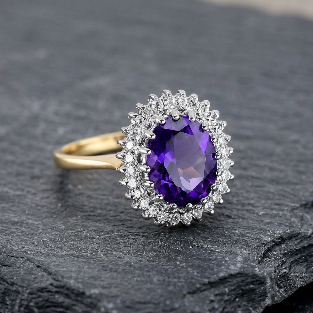 Pre-Owned 18ct Gold Oval Amethyst & Round Brilliant Cut Diamond Claw Set Cluster Ring