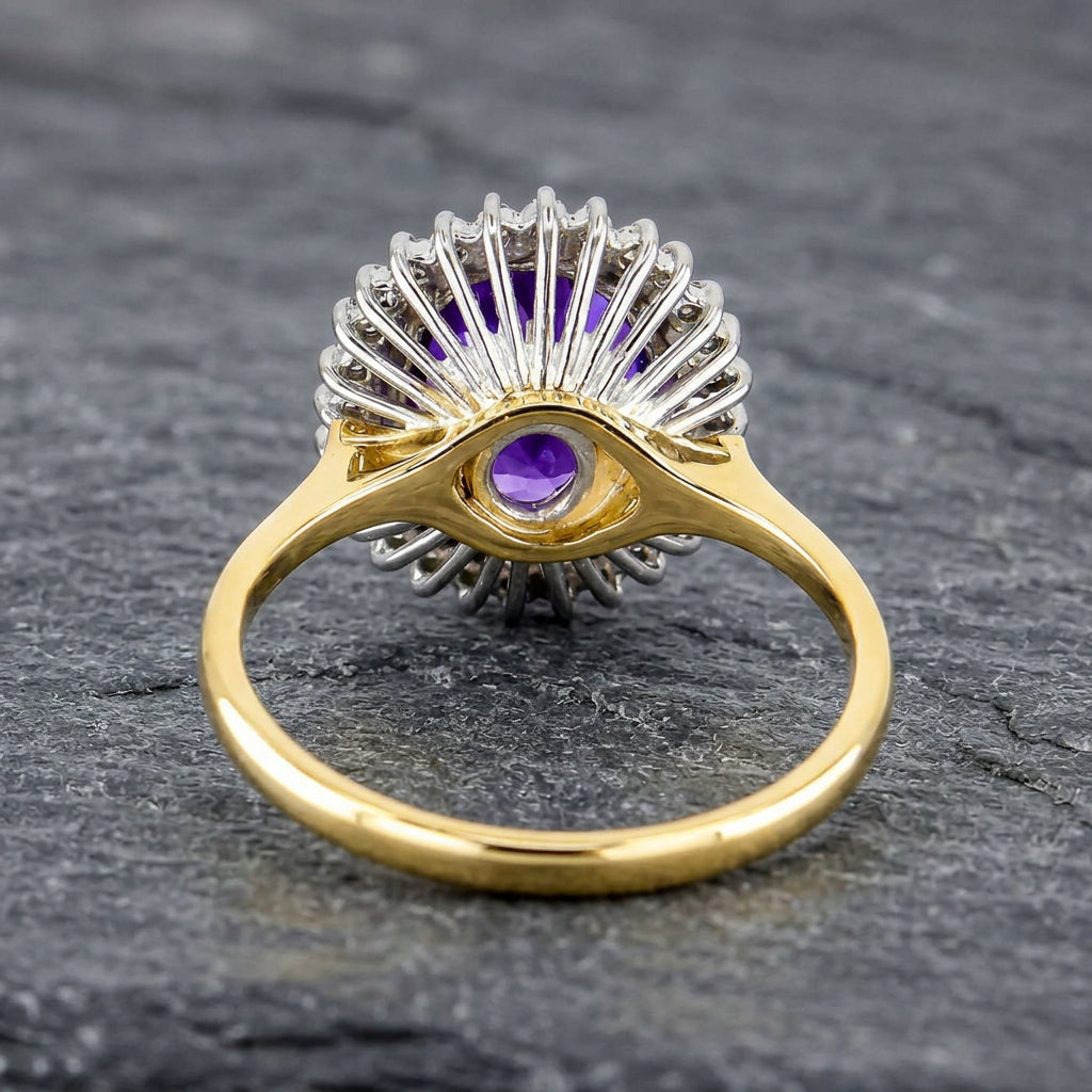 Pre-Owned 18ct Gold Oval Amethyst & Round Brilliant Cut Diamond Claw Set Cluster Ring