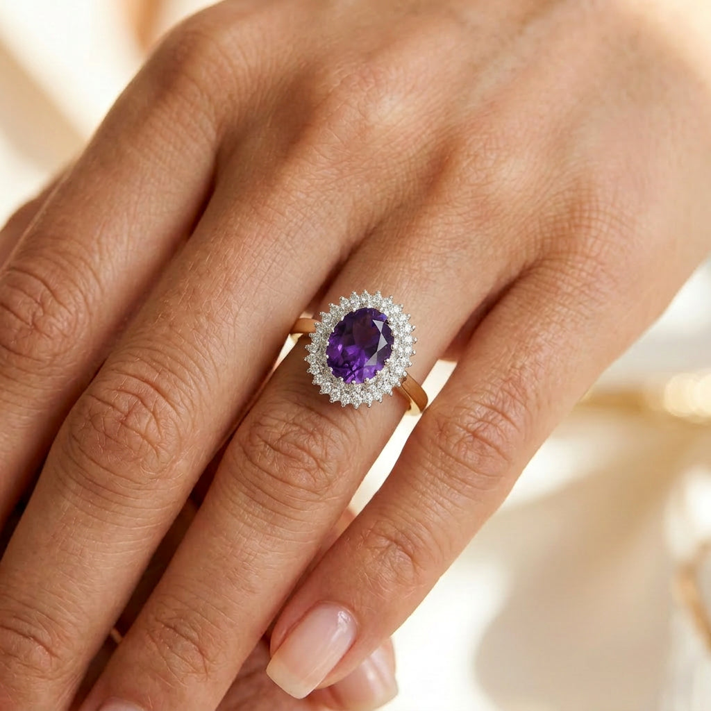 Pre-Owned 18ct Gold Oval Amethyst & Round Brilliant Cut Diamond Claw Set Cluster Ring