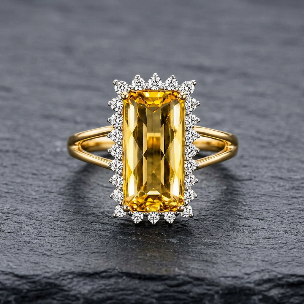 Pre-Owned 9ct Gold Checkerboard Rectangular Citrine & Round Brilliant Cut Diamond Cluster Ring