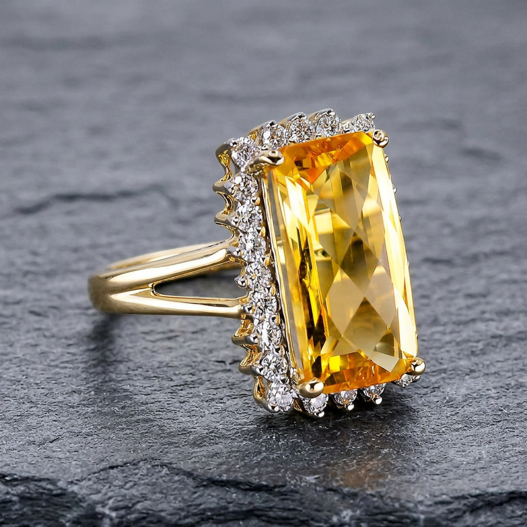 Pre-Owned 9ct Gold Checkerboard Rectangular Citrine & Round Brilliant Cut Diamond Cluster Ring