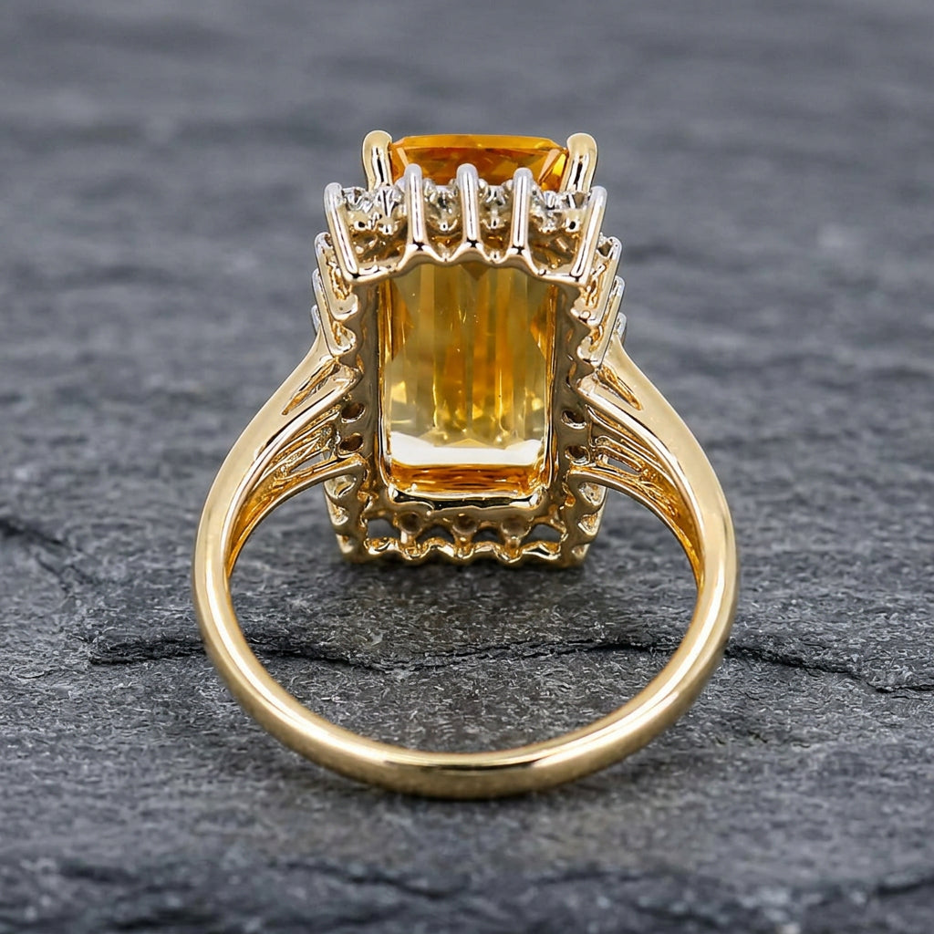 Pre-Owned 9ct Gold Checkerboard Rectangular Citrine & Round Brilliant Cut Diamond Cluster Ring