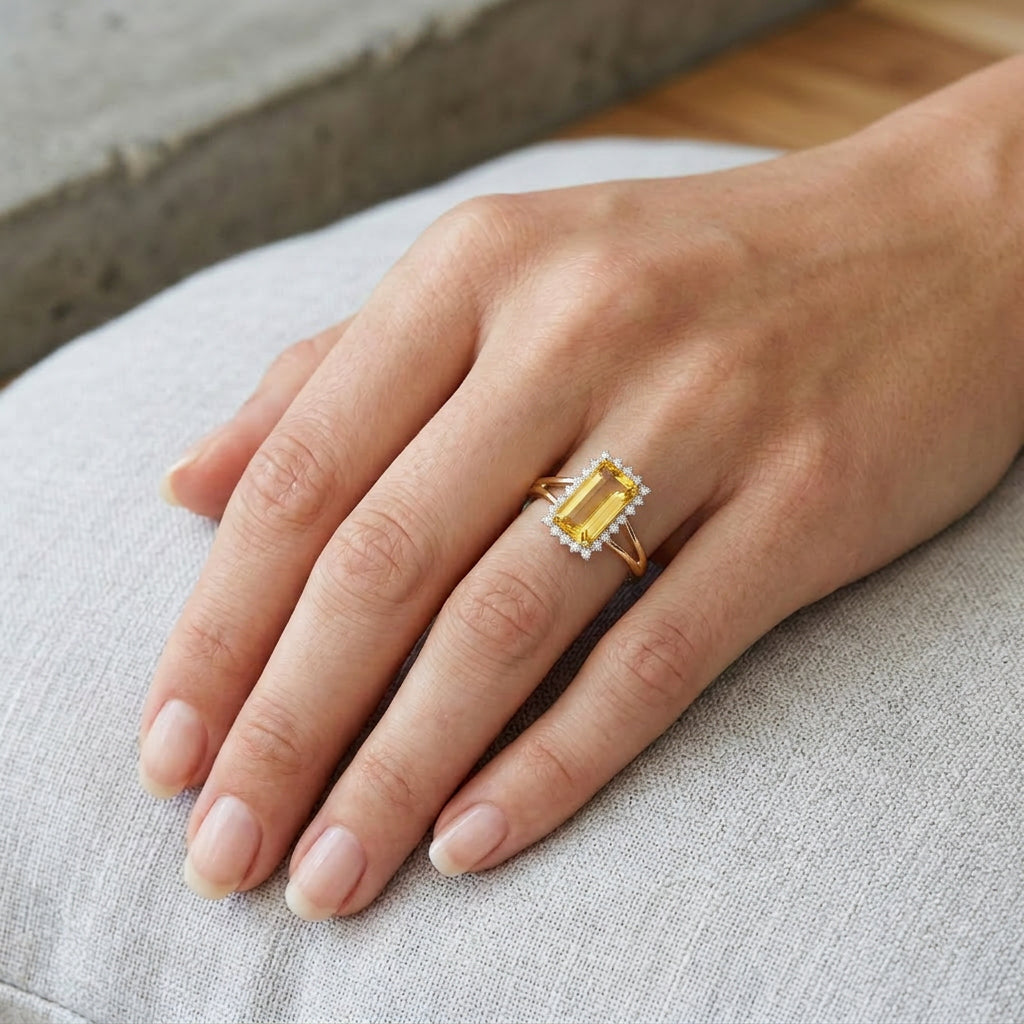 Pre-Owned 9ct Gold Checkerboard Rectangular Citrine & Round Brilliant Cut Diamond Cluster Ring
