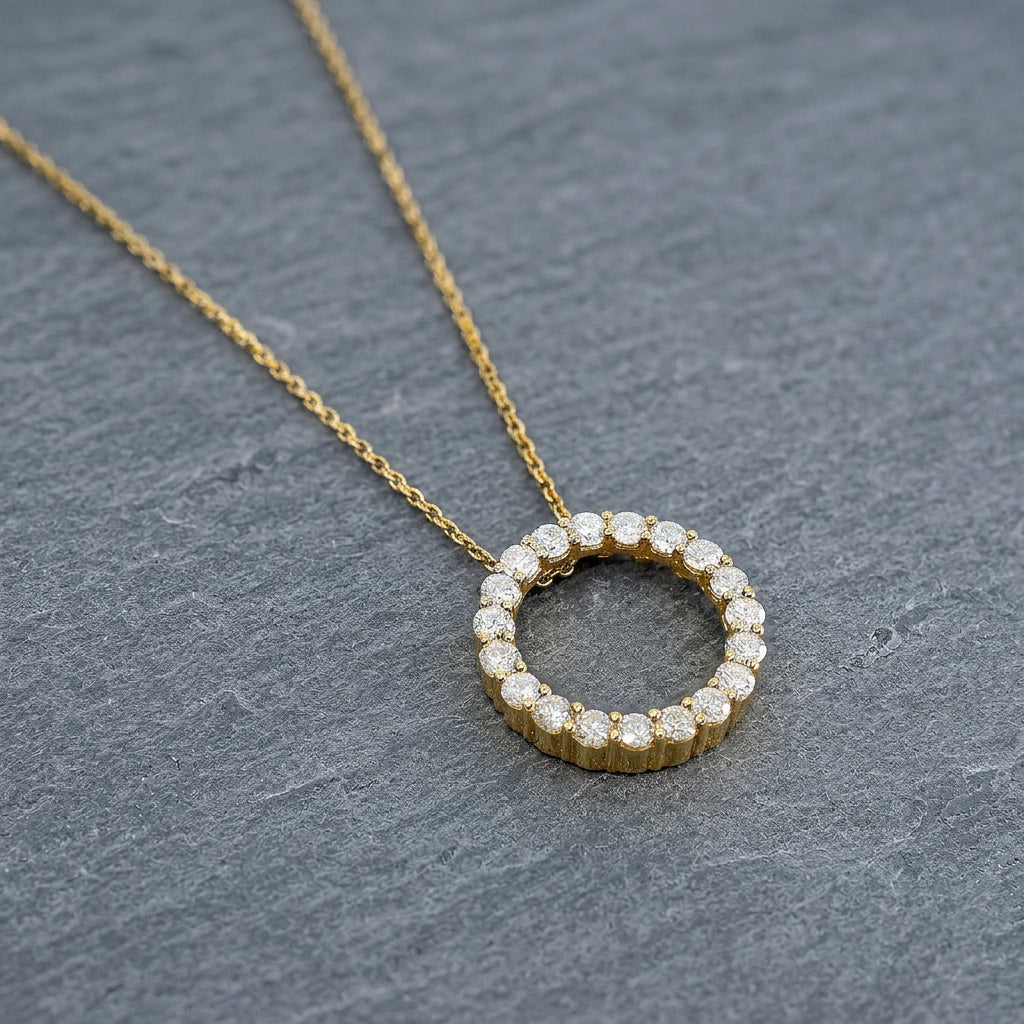 Pre-Owned 9ct Yellow Gold Round Brilliant Cut Diamond Floating Open Circle Pendant on 16" Chain