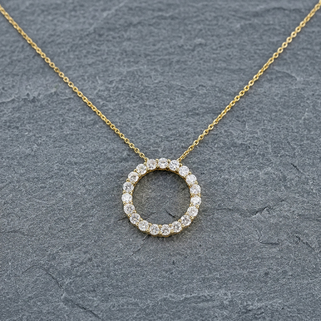 Pre-Owned 9ct Yellow Gold Round Brilliant Cut Diamond Floating Open Circle Pendant on 16" Chain