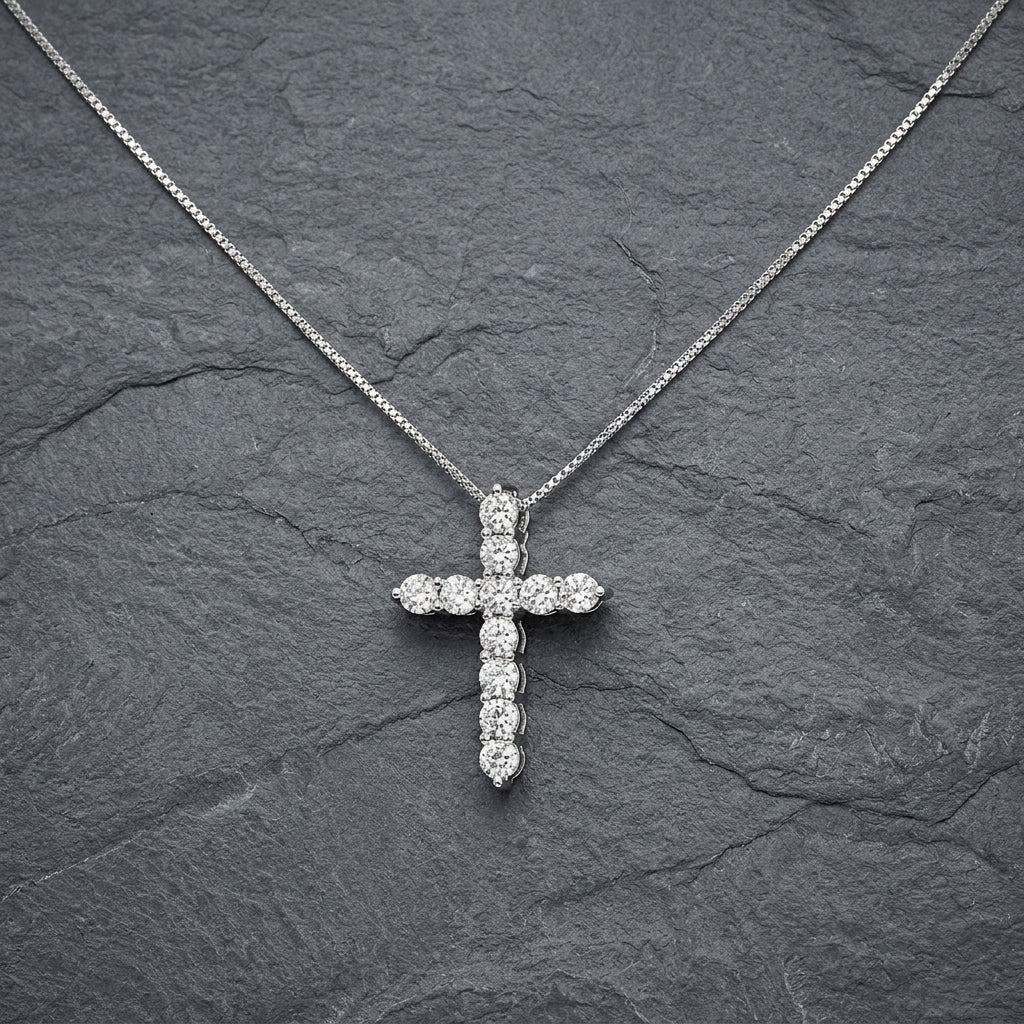 Pre-Owned 18ct White Gold Round Brilliant Cut Diamond Cross Pendant on 16-18" Close Curb Chain