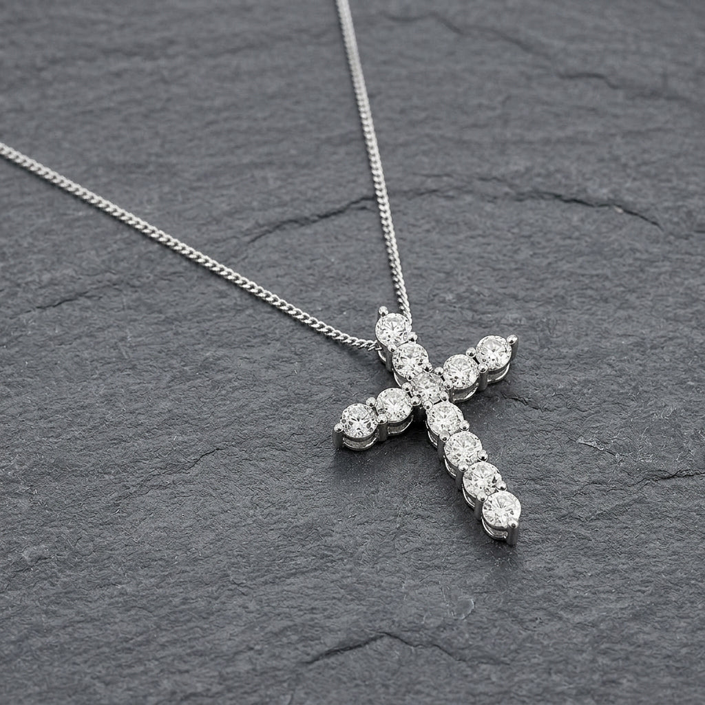 Pre-Owned 18ct White Gold Round Brilliant Cut Diamond Cross Pendant on 16-18" Close Curb Chain