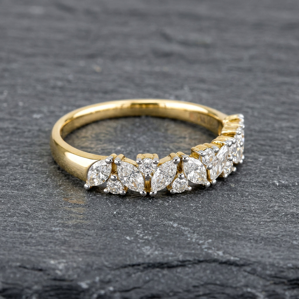 Pre-Owned 9ct Gold 0.90ct TDW Marquise & Round Brilliant Cut Diamond Claw Set Half Eternity Ring