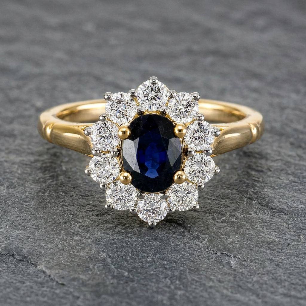 Pre-Owned 9ct Gold Oval Sapphire & Round Brilliant Cut Diamond Claw Set Cluster Ring