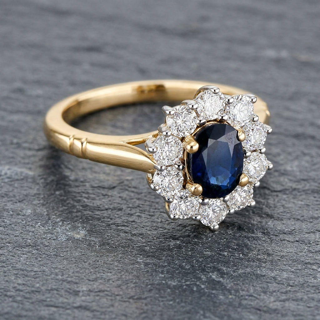 Pre-Owned 9ct Gold Oval Sapphire & Round Brilliant Cut Diamond Claw Set Cluster Ring