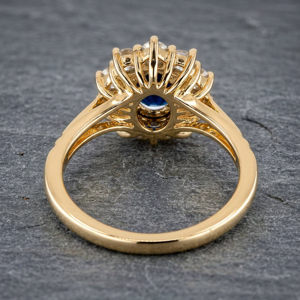 Pre-Owned 9ct Gold Oval Sapphire & Round Brilliant Cut Diamond Claw Set Cluster Ring