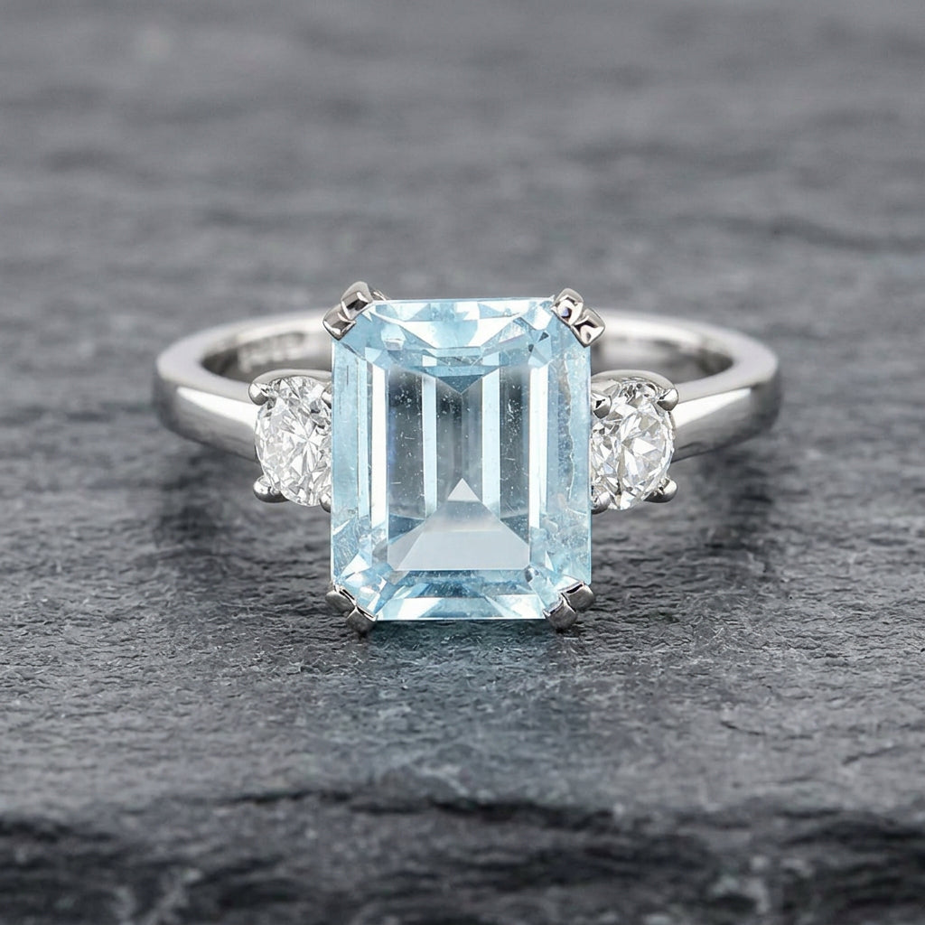 Pre-Owned Platinum 2.60ct Aquamarine & Diamond Three Stone Ring