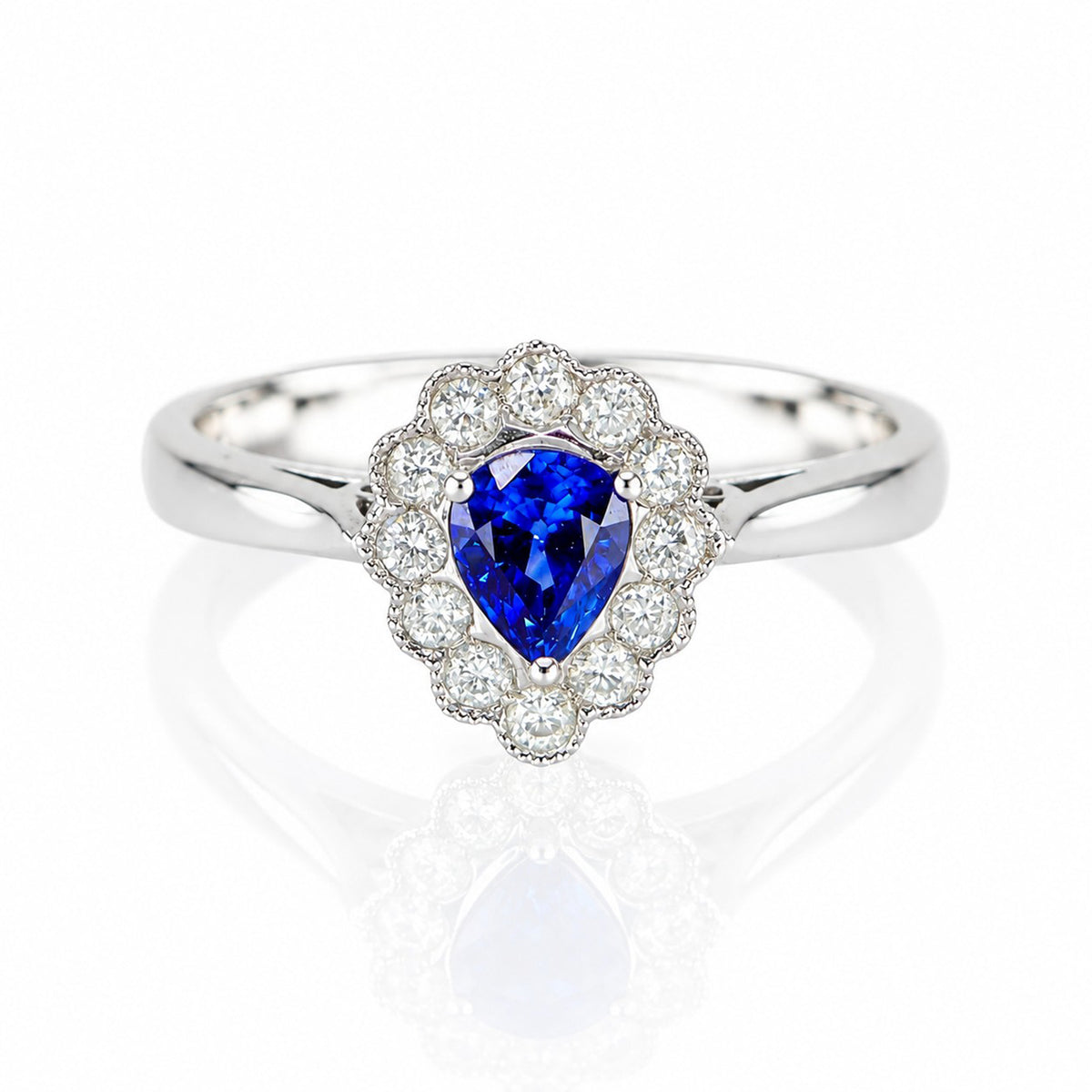 Pre-Owned 18ct White Gold Pear Cut Sapphire & Diamond Halo Cluster Ring with Millgrain Edge Detail