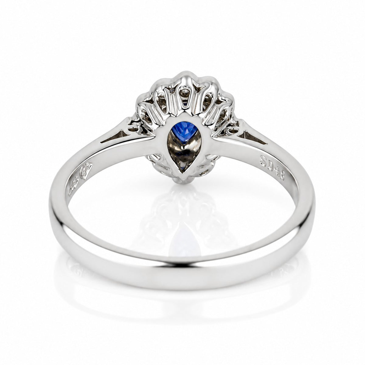 Pre-Owned 18ct White Gold Pear Cut Sapphire & Diamond Halo Cluster Ring with Millgrain Edge Detail