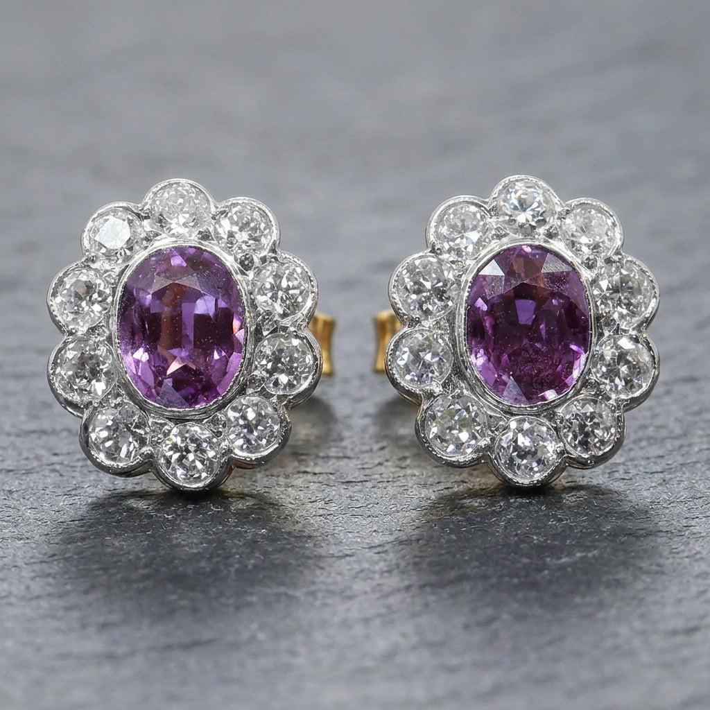 Pre-Owned 14ct Two Colour Gold Pink Sapphire & Diamond Cluster Studs
