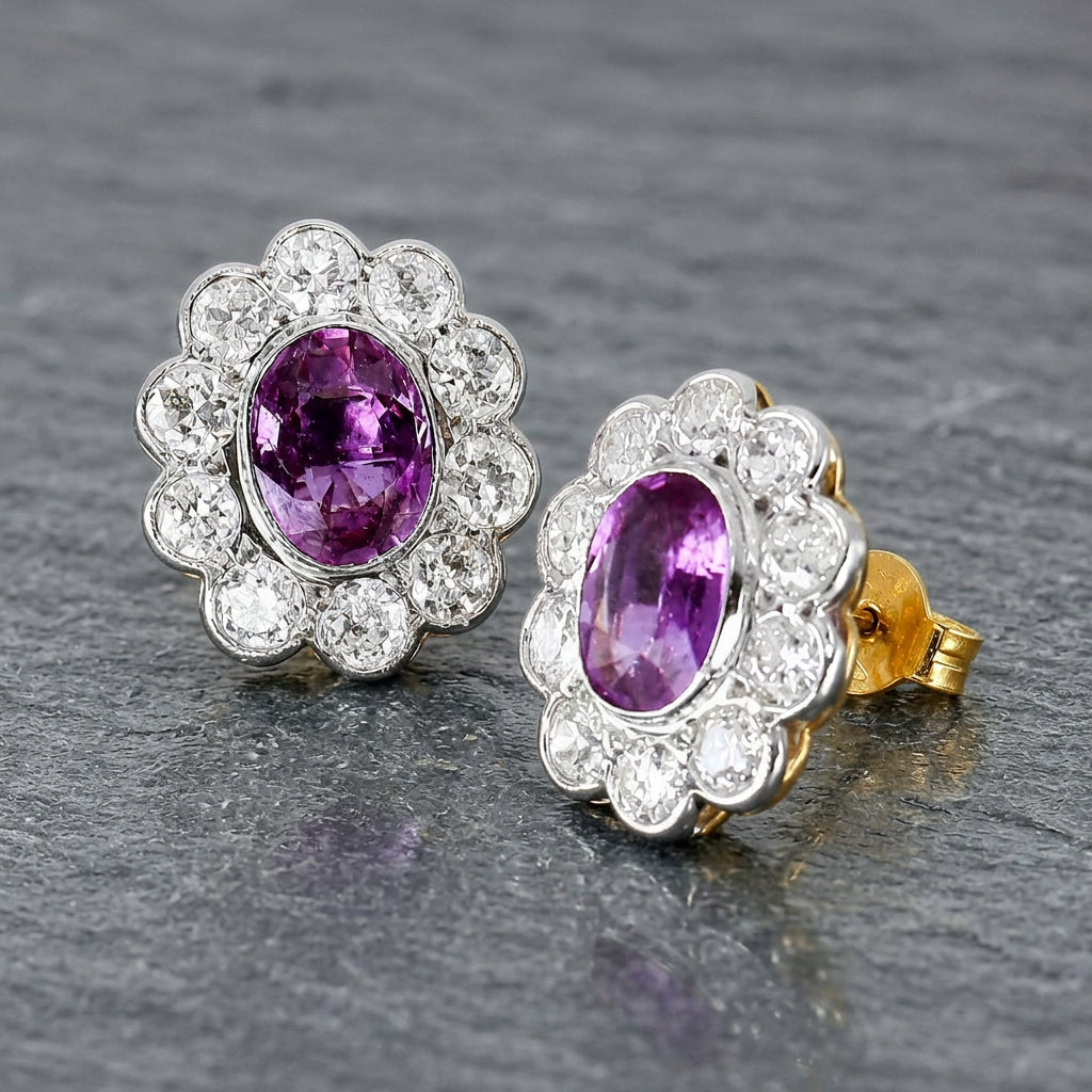 Pre-Owned 14ct Two Colour Gold Pink Sapphire & Diamond Cluster Studs