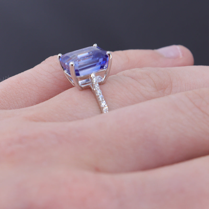 Pre-Owned 18ct White Gold Emerald Cut Sapphire & Diamond Ring