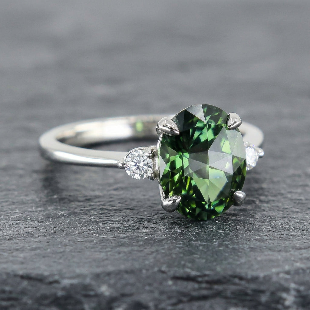 Pre-Owned Platinum Checkerboard Oval Green Tourmaline & Diamond Claw Set Three Stone Ring