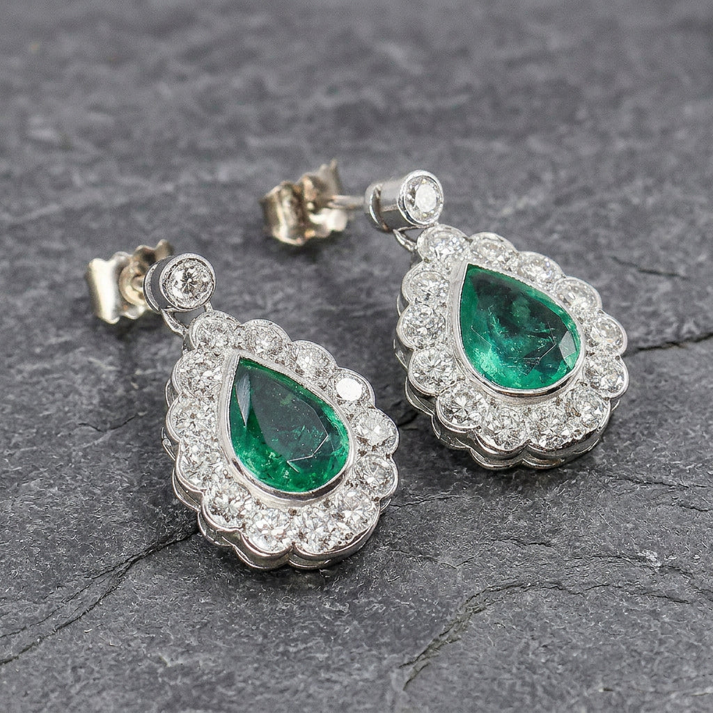 Pre-Owned 14ct White Gold Emerlad & Diamond Pear Shape Cluster Drop Earrings