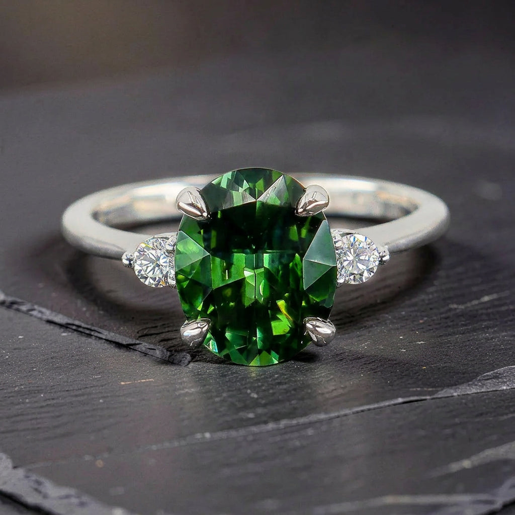 Pre-Owned Platinum Checkerboard Oval Green Tourmaline & Diamond Claw Set Three Stone Ring