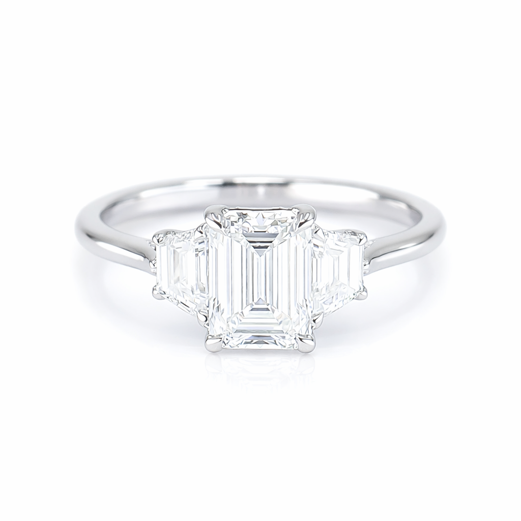 18ct White Gold 1.38ct TDW Lab Grown Emerald Cut & Trapezoid Diamond Ring - With Report Card