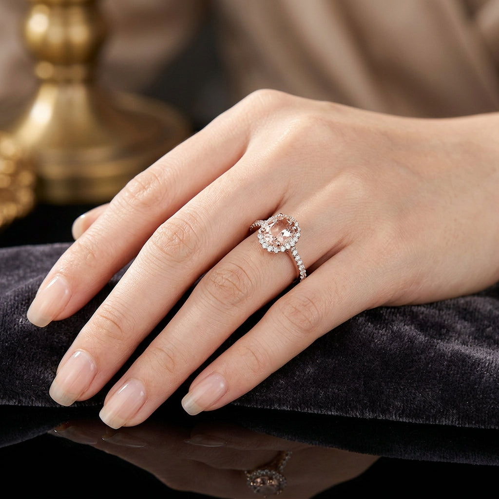 Pre-Owned 9ct Gold Morganite & Diamond Halo Cluster Ring