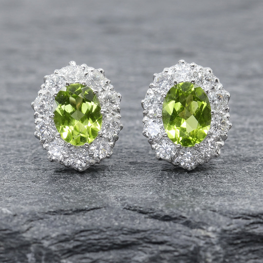 Pre-Owned 14ct White Gold Peridot & Diamond Studs