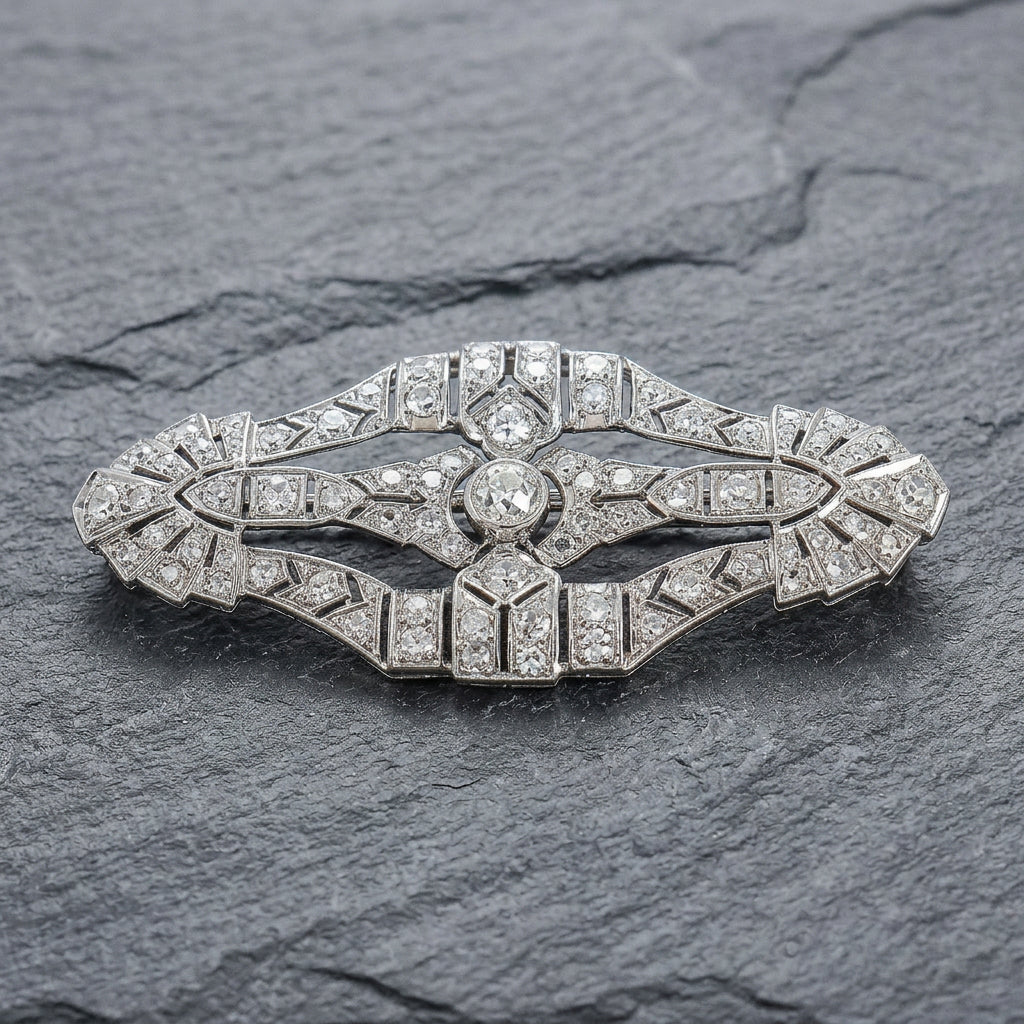Pre-Owned 18ct White Gold Approx. 2.80ct Old Cut Diamond Art Deco Style Brooch