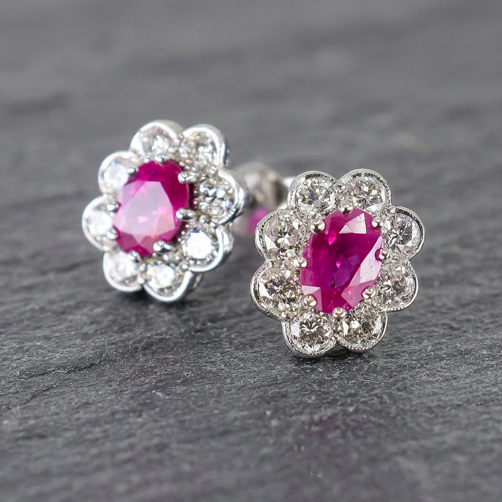 Pre-Owned 18ct White Gold Ruby & Diamond Cluster Stud Earrings