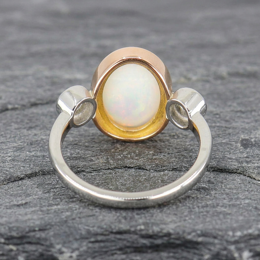 Pre-Owned Platinum & 18ct Rose Gold Oval Opal & Round Brilliant Cut Diamond Three Stone Ring