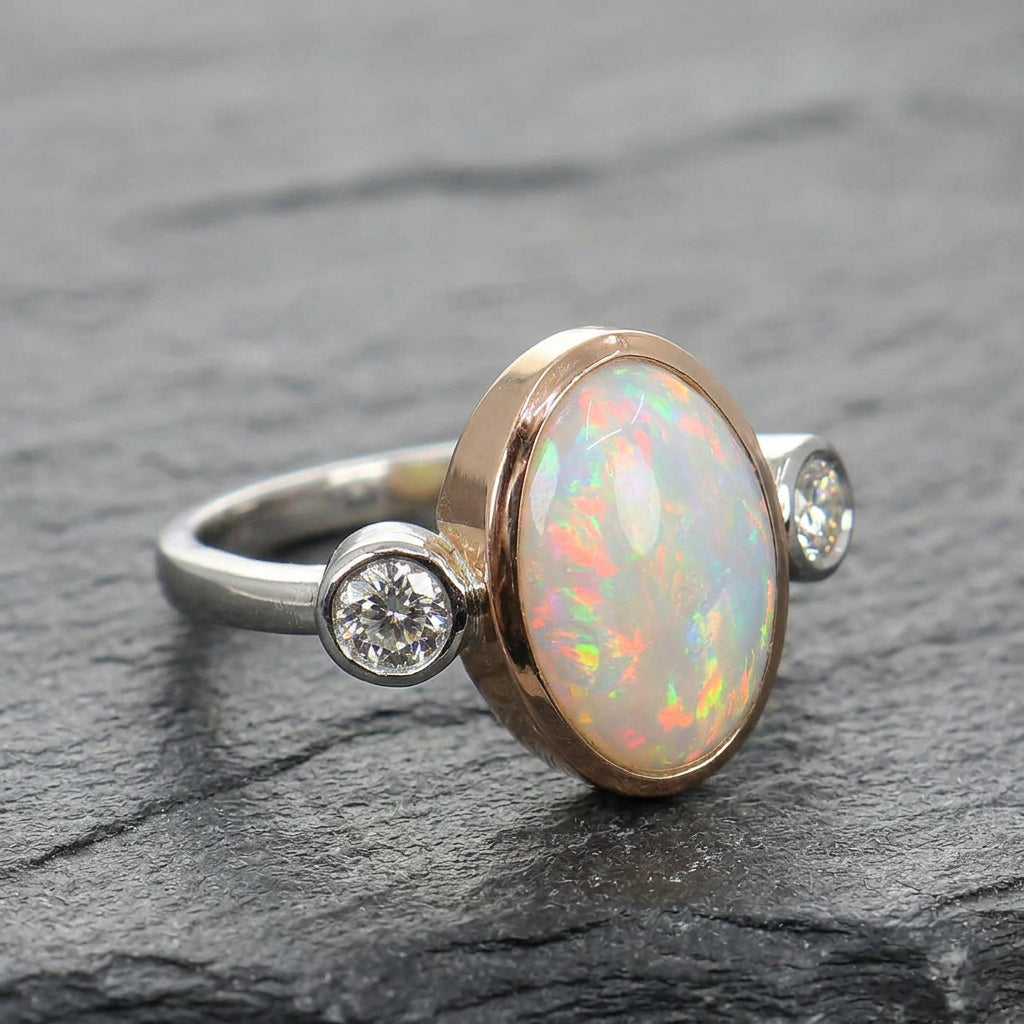 Pre-Owned Platinum & 18ct Rose Gold Oval Opal & Round Brilliant Cut Diamond Three Stone Ring