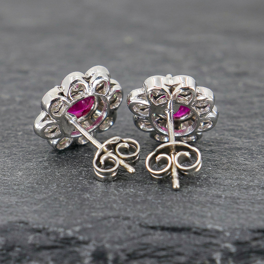 Pre-Owned 18ct White Gold Ruby & Diamond Cluster Stud Earrings