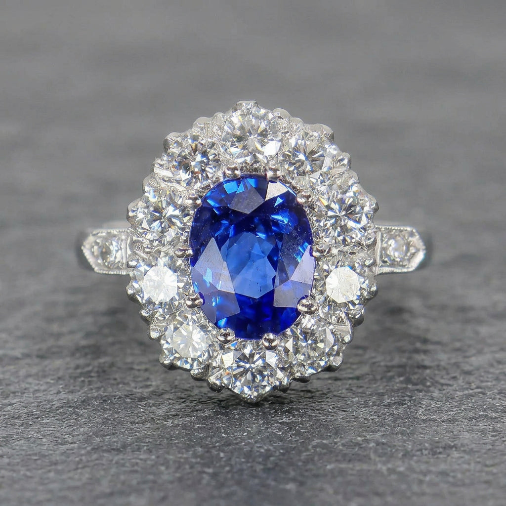 Pre-Owned Platinum Sapphire & Diamond Cluster Ring