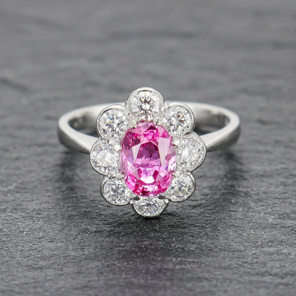 Pre-Owned Platinum Pink Sapphire and Diamond Cluster Ring