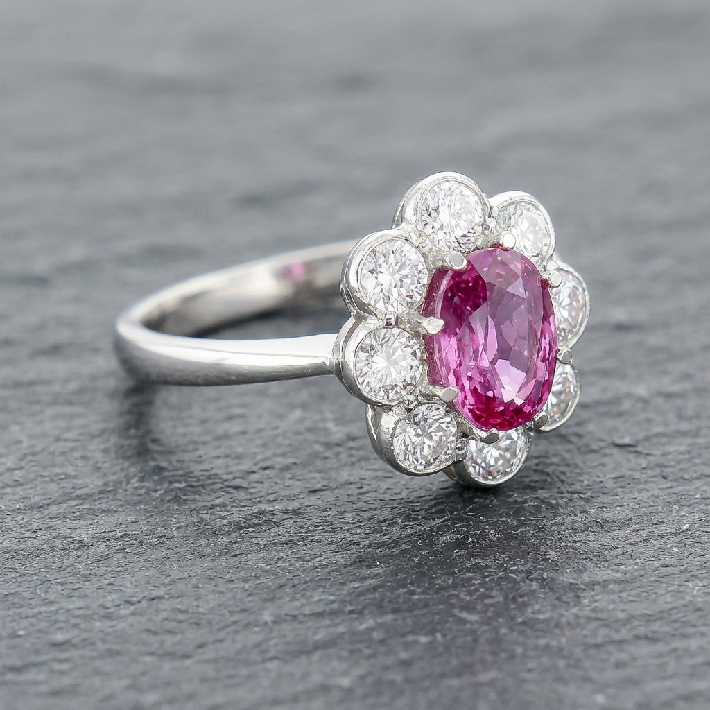 Pre-Owned Platinum Pink Sapphire and Diamond Cluster Ring