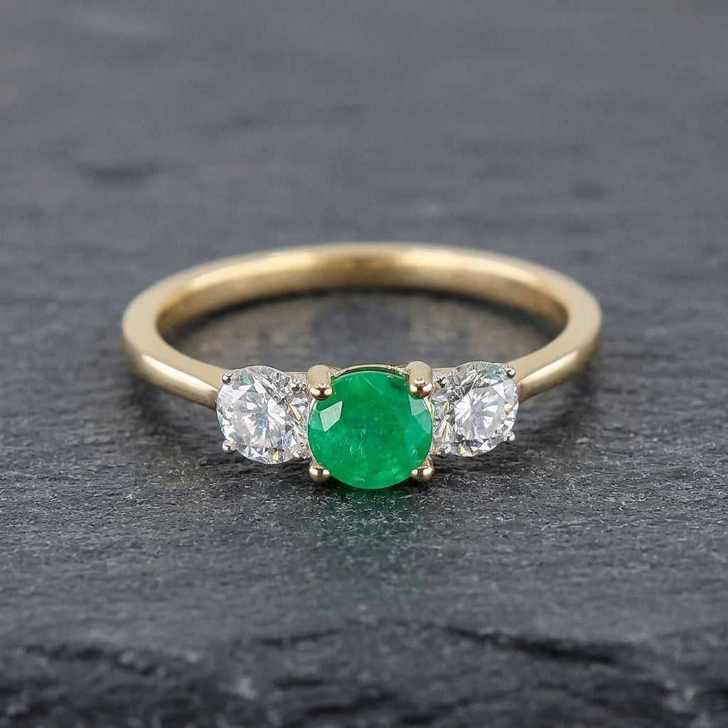 Pre-Owned 9ct Yellow Gold Emerald & Diamond Three Stone Ring