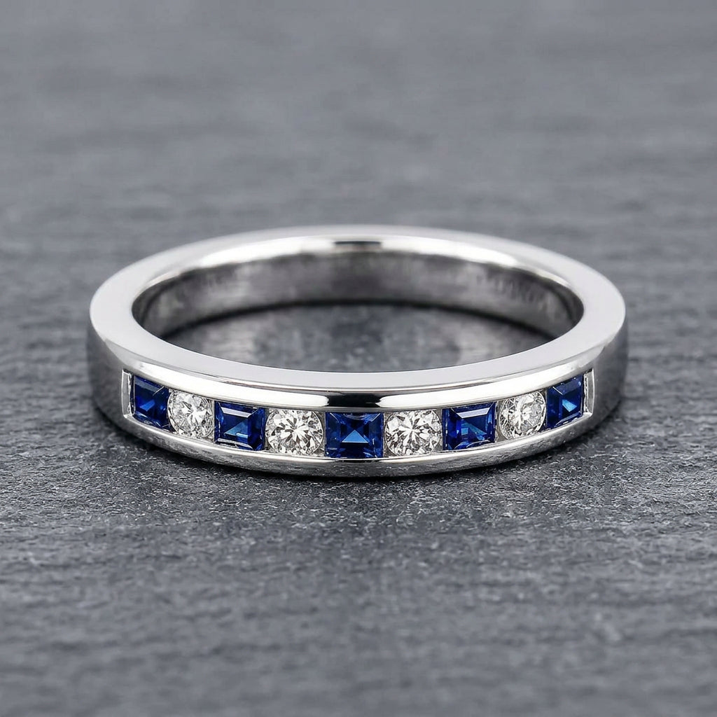 Pre-Owned Platinum Square Cut Sapphire & Round Brilliant Cut Diamond Channel Set Half Eternity Ring