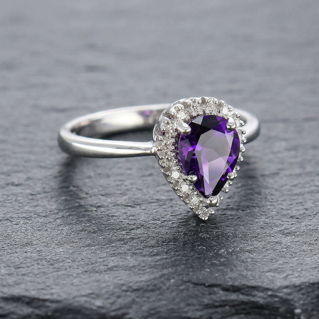 Pre-Owned 9ct White Gold Pear Shaped Amethyst & Eight Cut Diamond Claw Set Cluster Ring