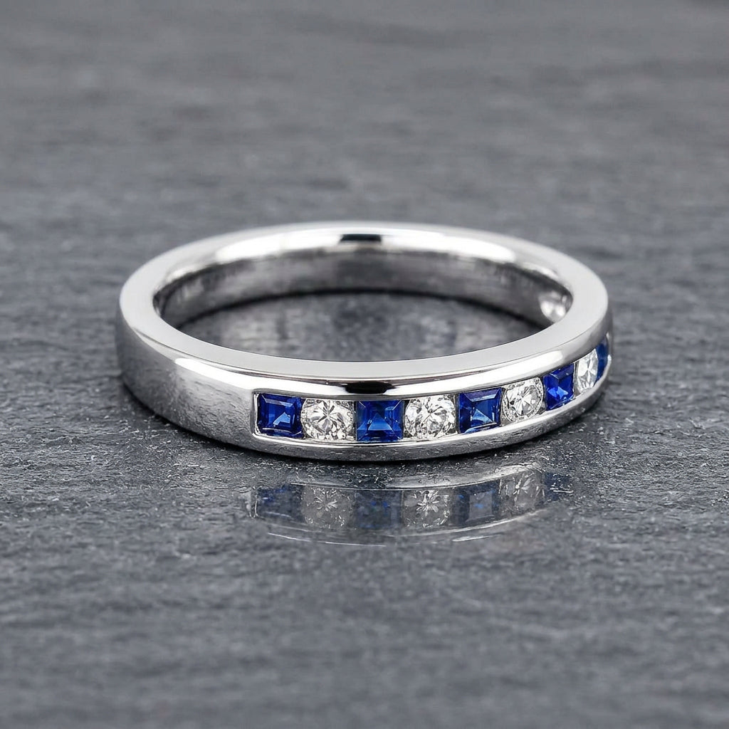 Pre-Owned Platinum Square Cut Sapphire & Round Brilliant Cut Diamond Channel Set Half Eternity Ring