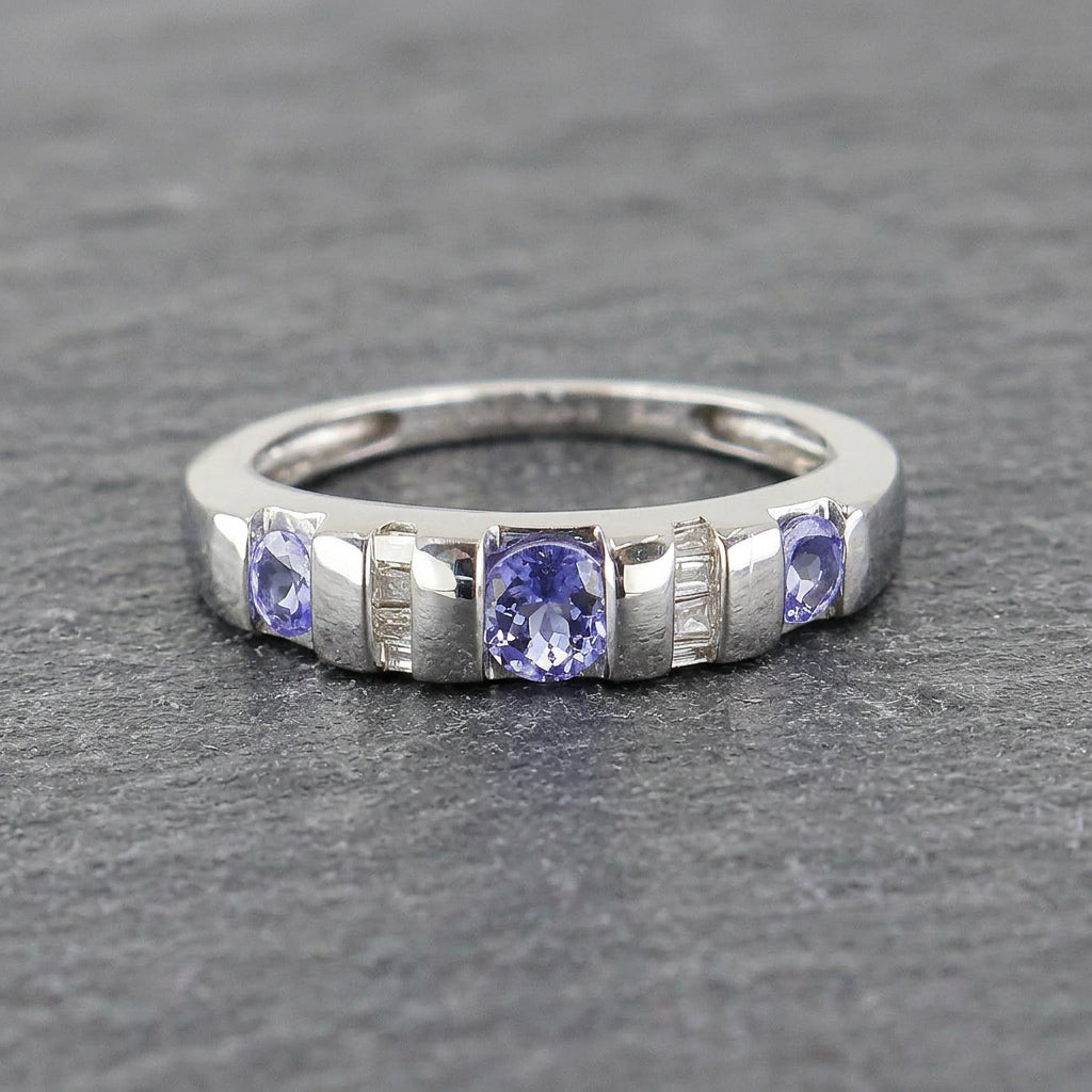 Pre-Owned 9ct White Gold Round Pale Tanzanite & Baguette Cut Diamond Fancy Half Eternity Ring