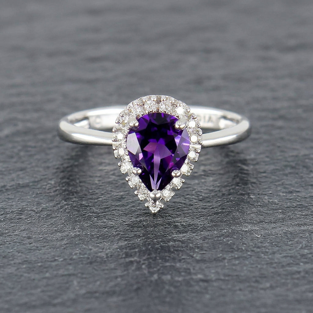 Pre-Owned 9ct White Gold Pear Shaped Amethyst & Eight Cut Diamond Claw Set Cluster Ring