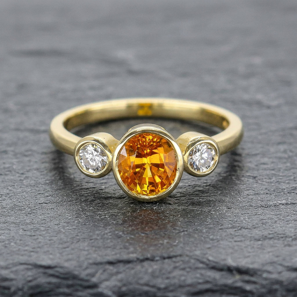Pre-Owned 18ct Gold Oval Yellow Sapphire & Round Brilliant Cut Diamond Three Stone Ring